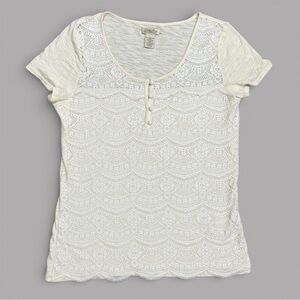 Lucky Brand Cream Crochet Lace Boho Henley Top Short Sleeve Large NWOT